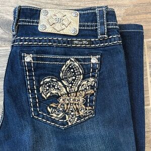 Miss Me Women's Dark Blue Straight Cut Jeans with Gold Embroidery